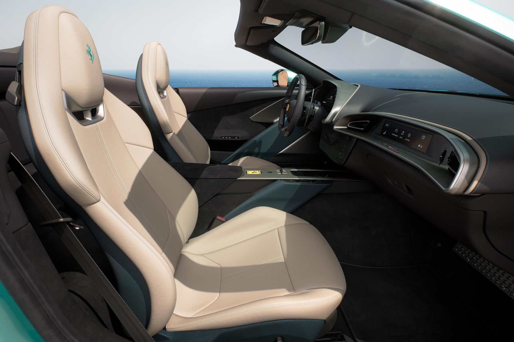 The interior of the Ferrari Amalfi Spider carries forward the same concept of elegant, usable sporting character within a cockpit designed for open-top driving.