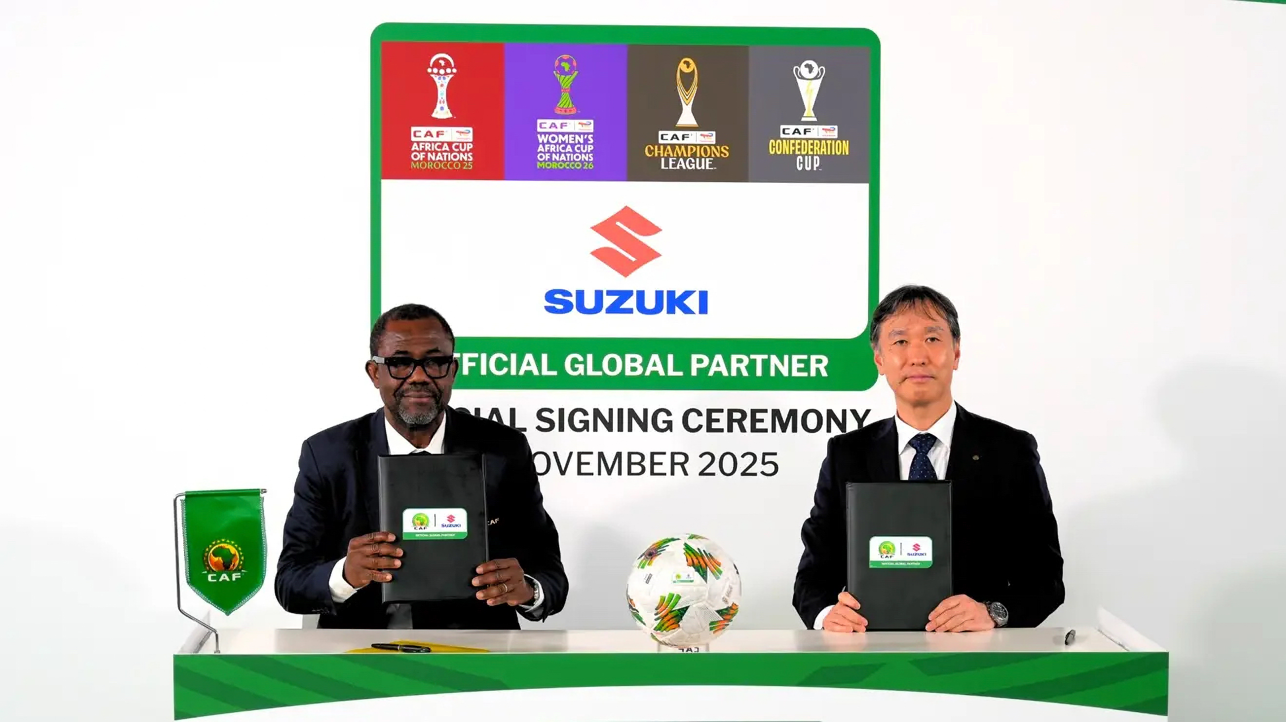The agreement was signed in Hamamatsu, Japan, on 11 November 2025 by Confederation of African Football (CAF) General Secretary Véron Mosengo-Omba and Yusuke Kato, Managing Officer and Executive General Manager, Automobile Marketing, Europe, Middle East and Africa at Suzuki Motor Corporation.